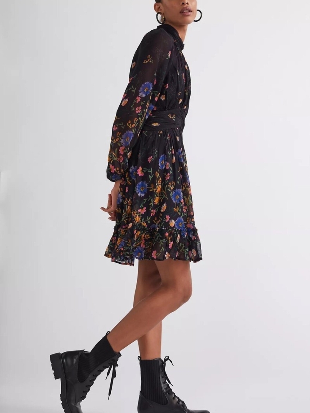 Anthropologie Black Floral Long-Sleeve Mini Dress